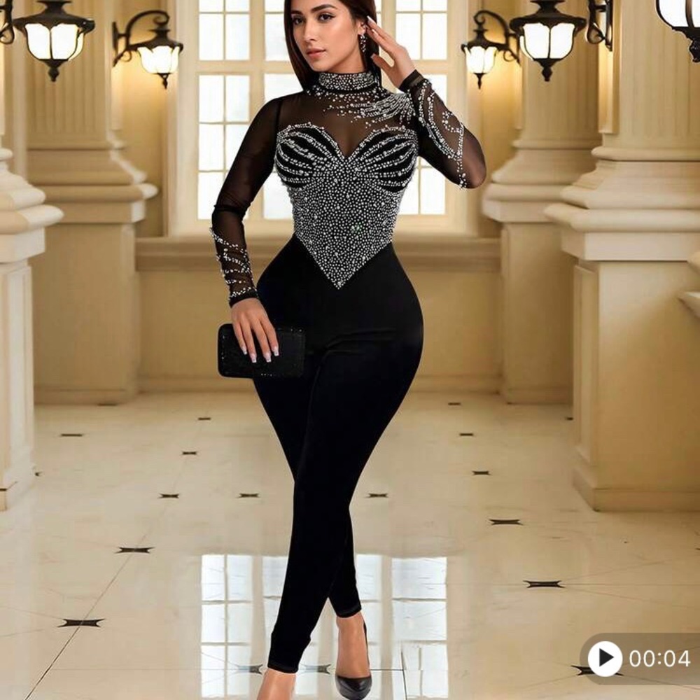 Embellished Black Mesh Jumpsuit with Rhinestone Bodice